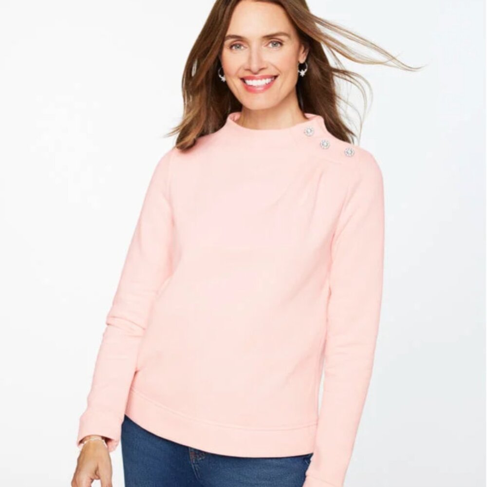 Talbots Jewel Button Shoulder Sweatshirt Pale Pink Mock Neck Preppy Quiet Luxury